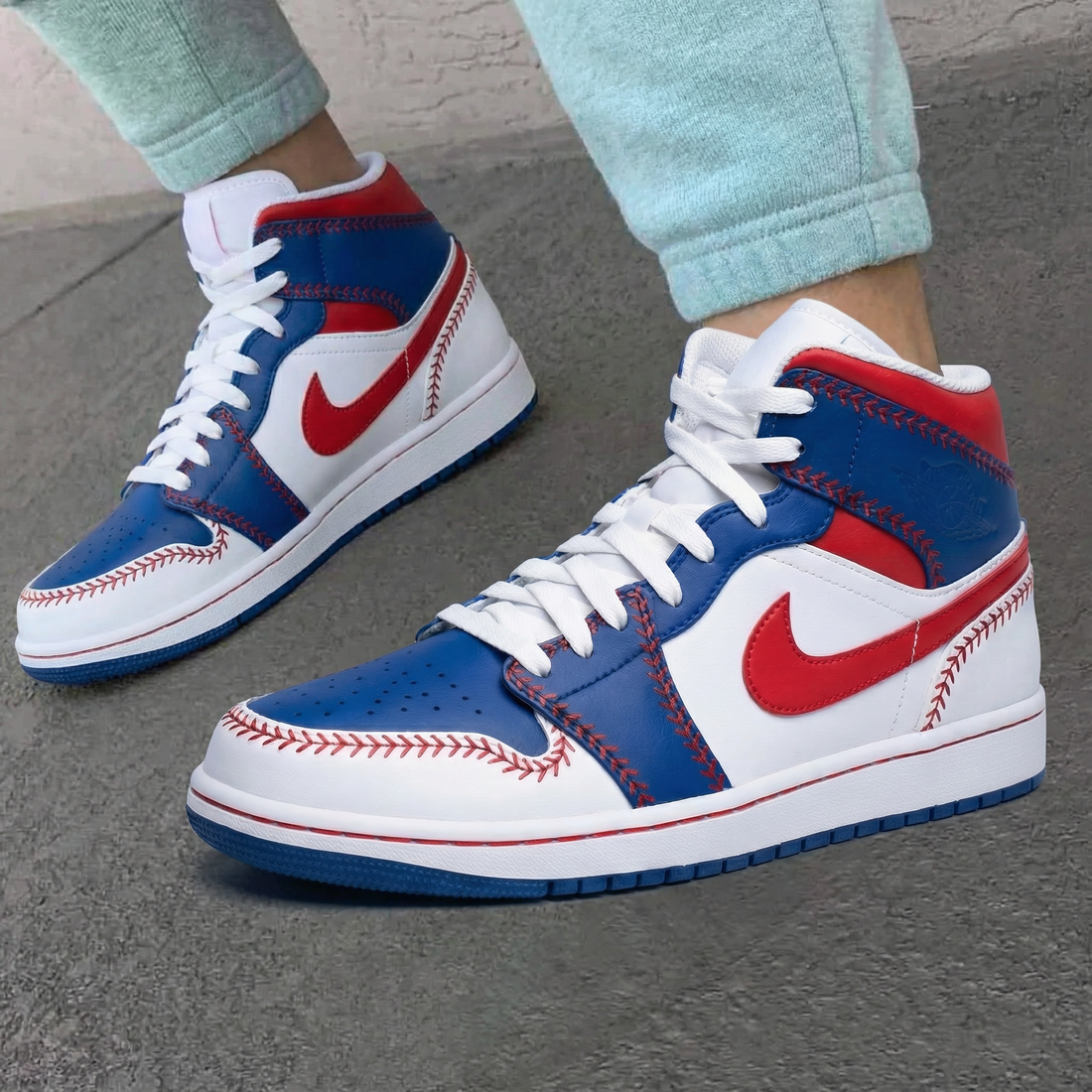 Custom AJ 1s Shoes Baseball Stitch Design Red Blue and White