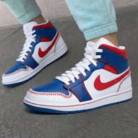 Custom AJ 1s Shoes Baseball Stitch Design Red Blue and White