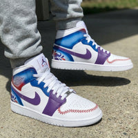 Custom AJ 1s Shoes Baseball Stitch Floral Pattern Blue Purple