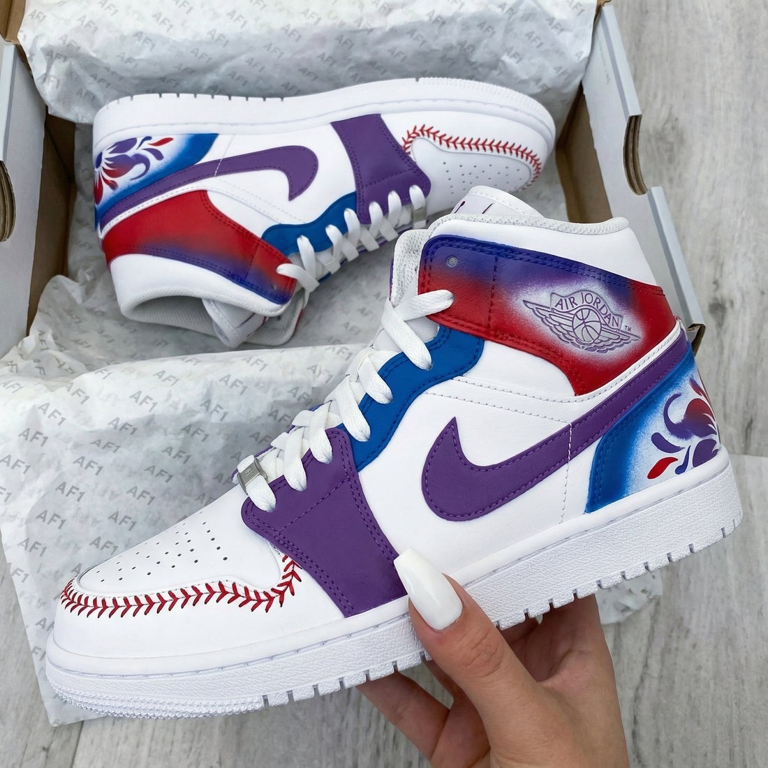 Custom AJ 1s Shoes Baseball Stitch Floral Pattern Blue Purple