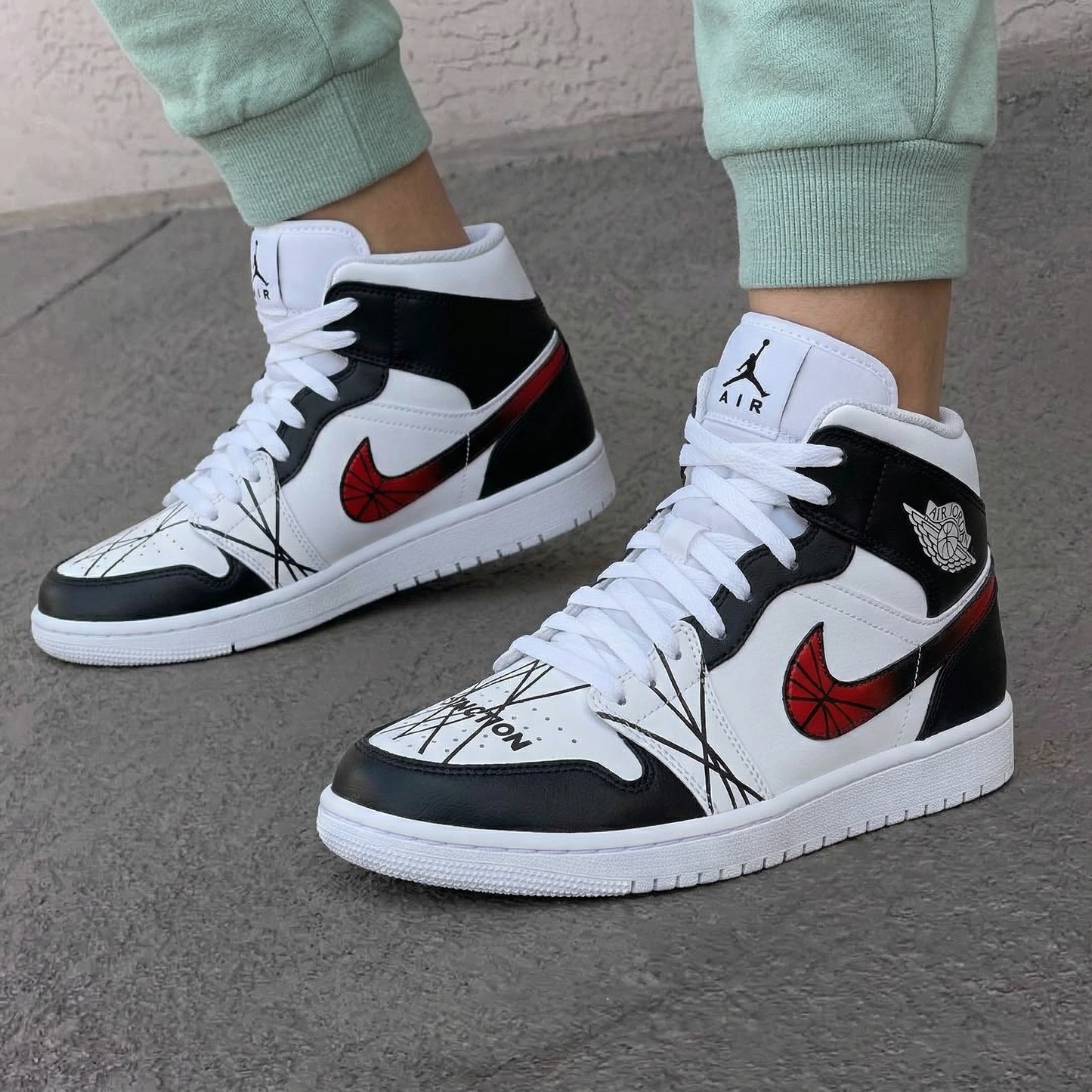 Custom AJ 1s Shoes Black Crossed Lines Red Fan Swoosh Black Red
