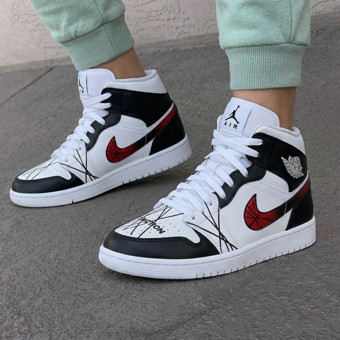 Custom AJ 1s Shoes Black Crossed Lines Red Fan Swoosh Black Red