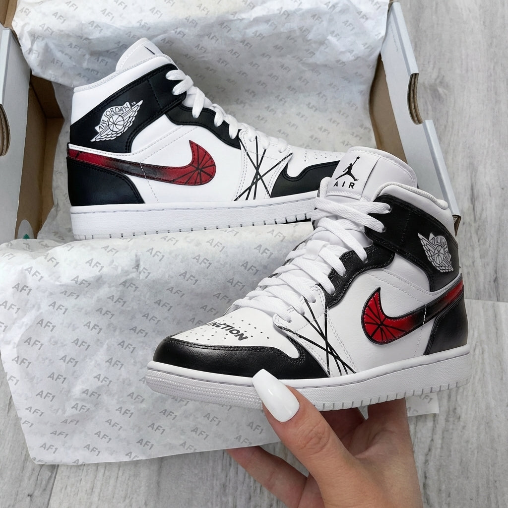Custom AJ 1s Shoes Black Crossed Lines Red Fan Swoosh Black Red