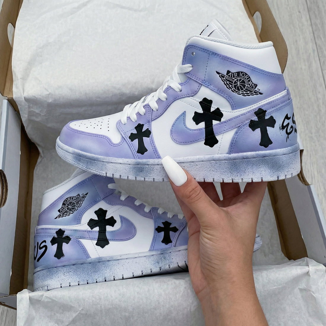 Custom AJ 1s Shoes Black Crosses White Light Purple