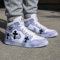 Custom AJ 1s Shoes Black Crosses White Light Purple