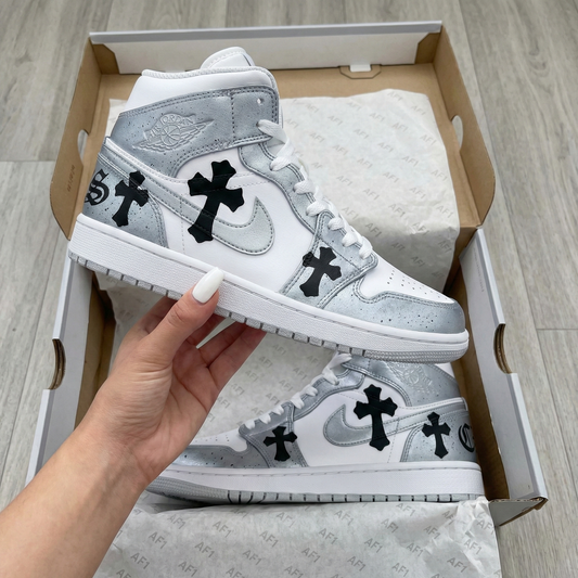 Custom AJ 1s Shoes Black Crosses White Silver