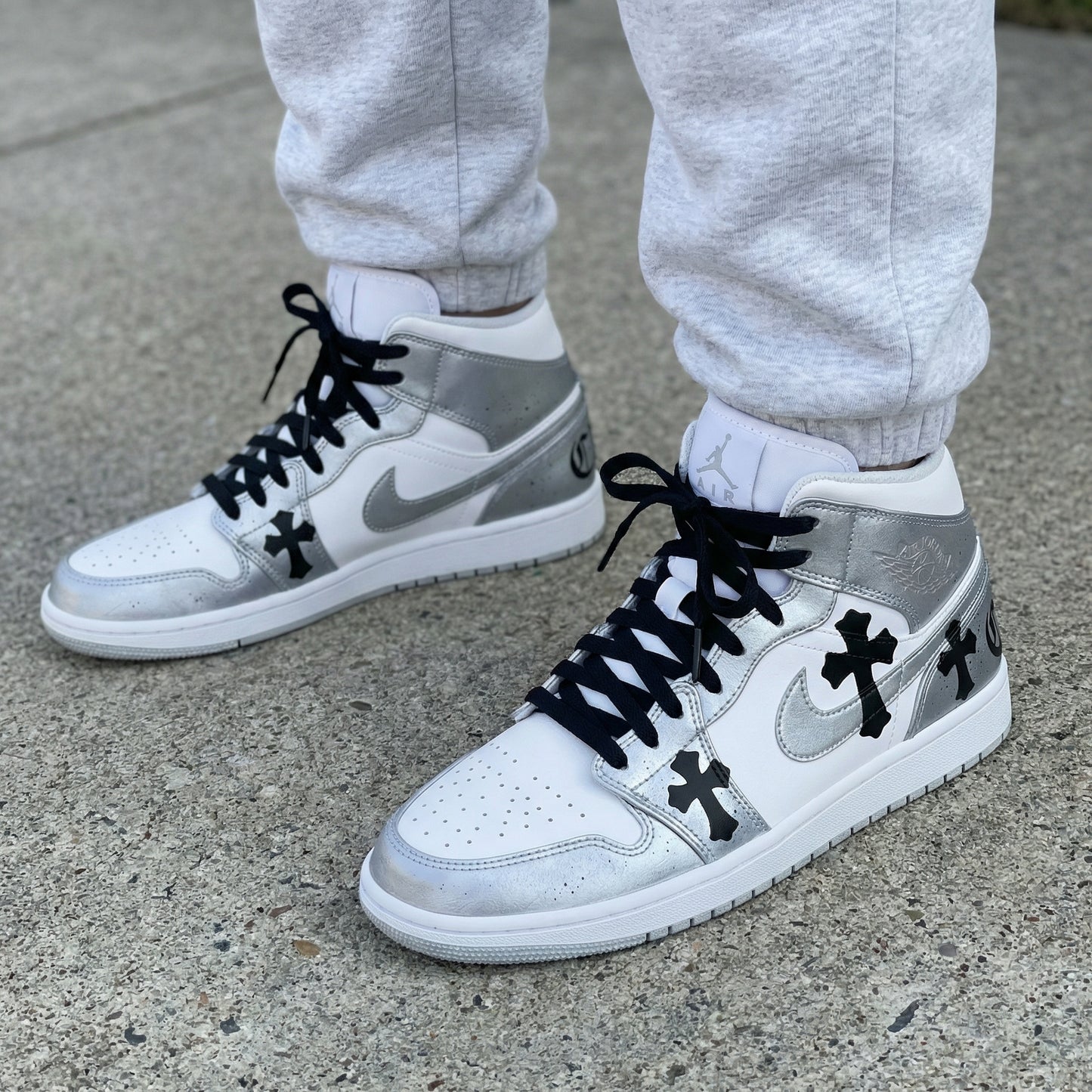 Custom AJ 1s Shoes Black Crosses White Silver