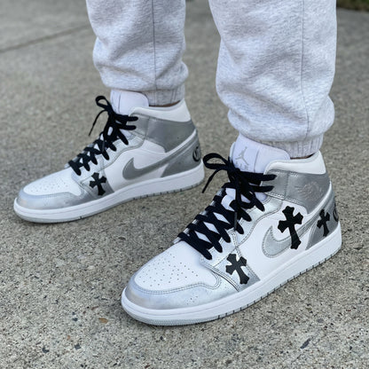 Custom AJ 1s Shoes Black Crosses White Silver