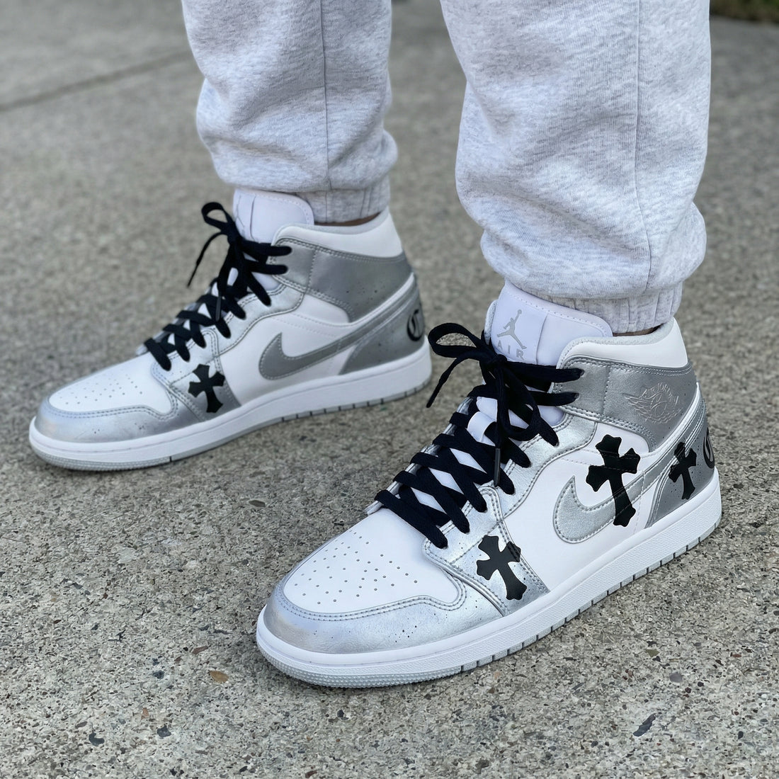 Custom AJ 1s Shoes Black Crosses White Silver