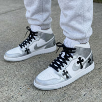 Custom AJ 1s Shoes Black Crosses White Silver