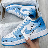 Custom AJ 1s Shoes Black Paint Splatters Baby Blue