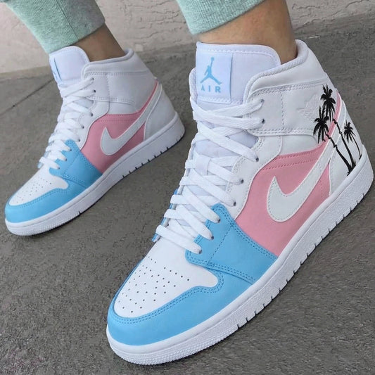 Custom AJ 1s Shoes Black Palm Trees Baby Blue Baby Pink
