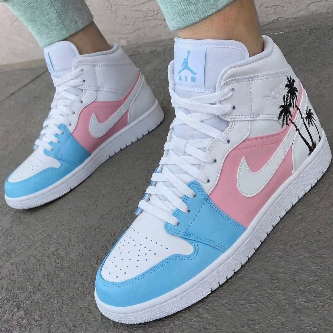 Custom AJ 1s Shoes Black Palm Trees Baby Blue Baby Pink