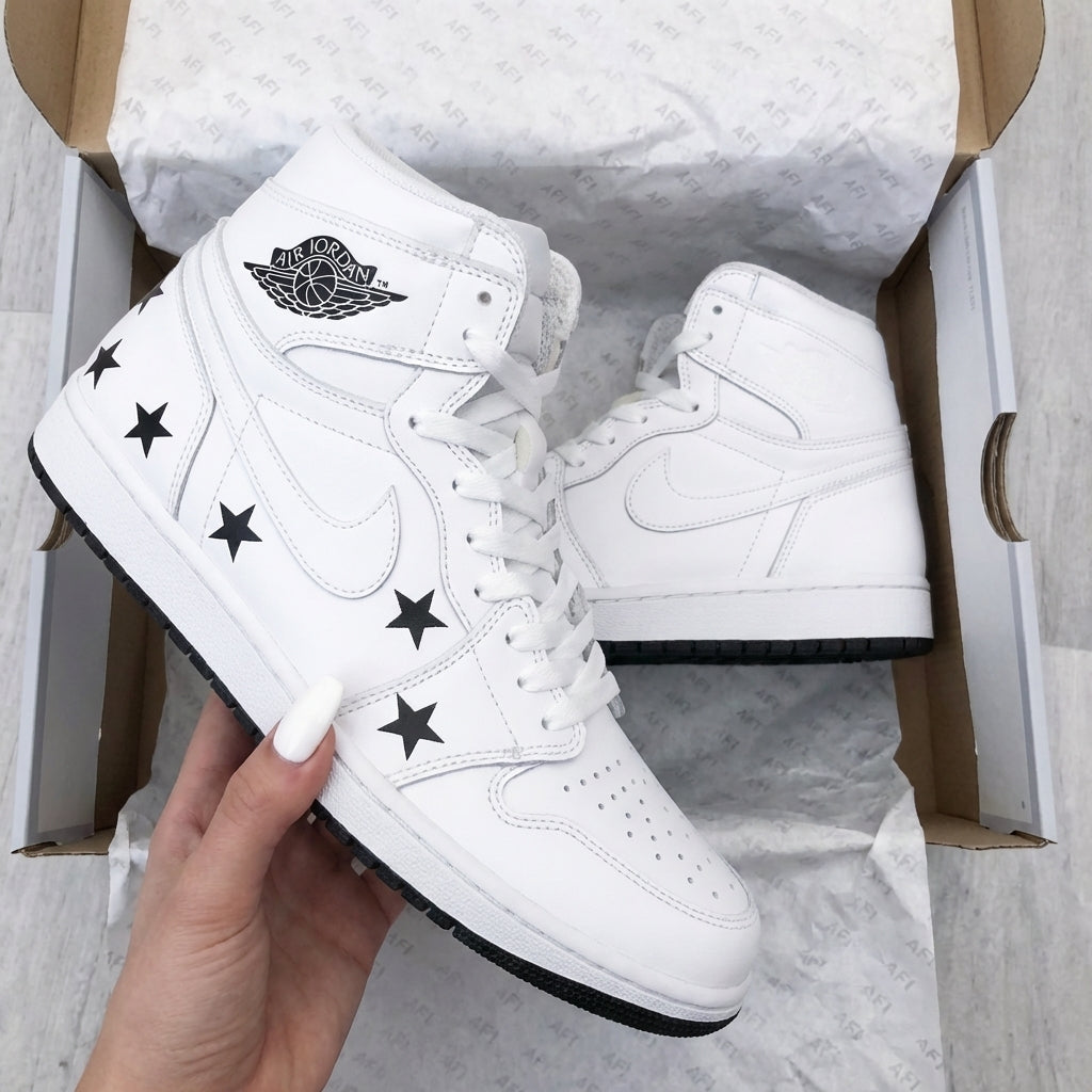 Custom AJ 1s Shoes Black Stars White And Black