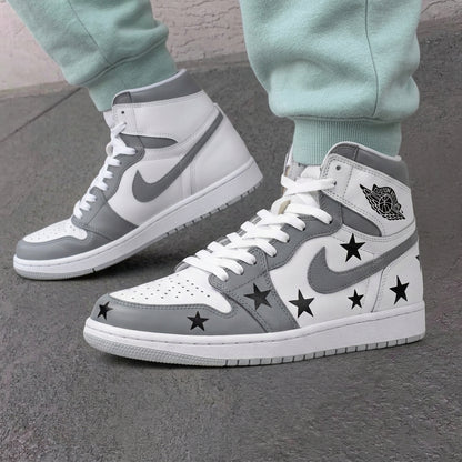 Custom AJ 1s Shoes Black Stars White Gray
