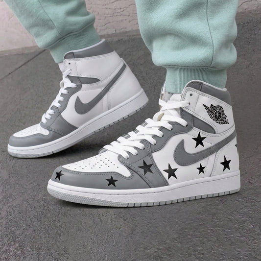 Custom AJ 1s Shoes Black Stars White Gray