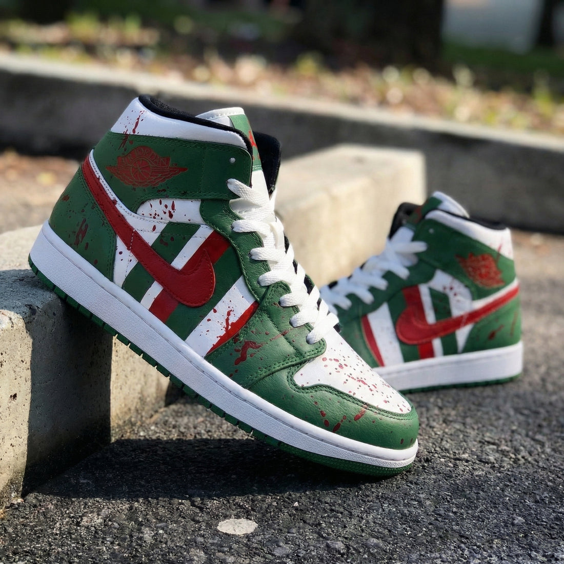 Custom AJ 1s Shoes Blood - Splatter Design Green Red White