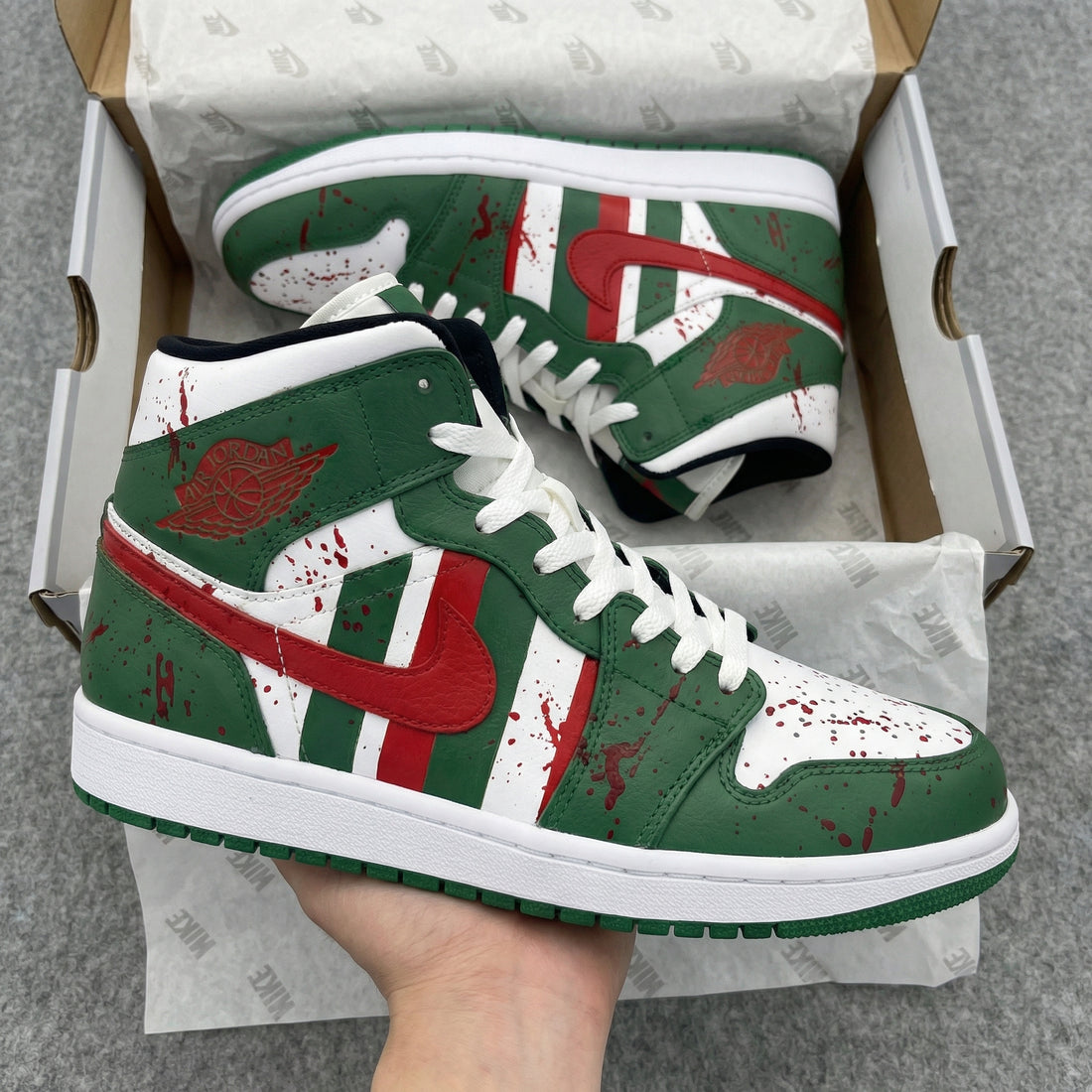 Custom AJ 1s Shoes Blood - Splatter Design Green Red White