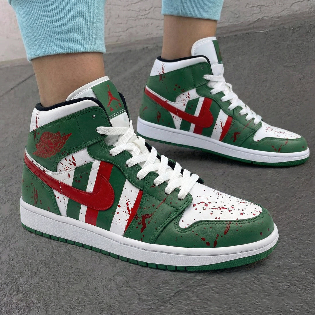 Custom AJ 1s Shoes Blood - Splatter Design Green Red White