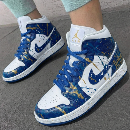 Custom AJ 1s Shoes Blue Background Gold Splatter Game Over Theme