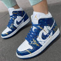Custom AJ 1s Shoes Blue Background Gold Splatter Game Over Theme