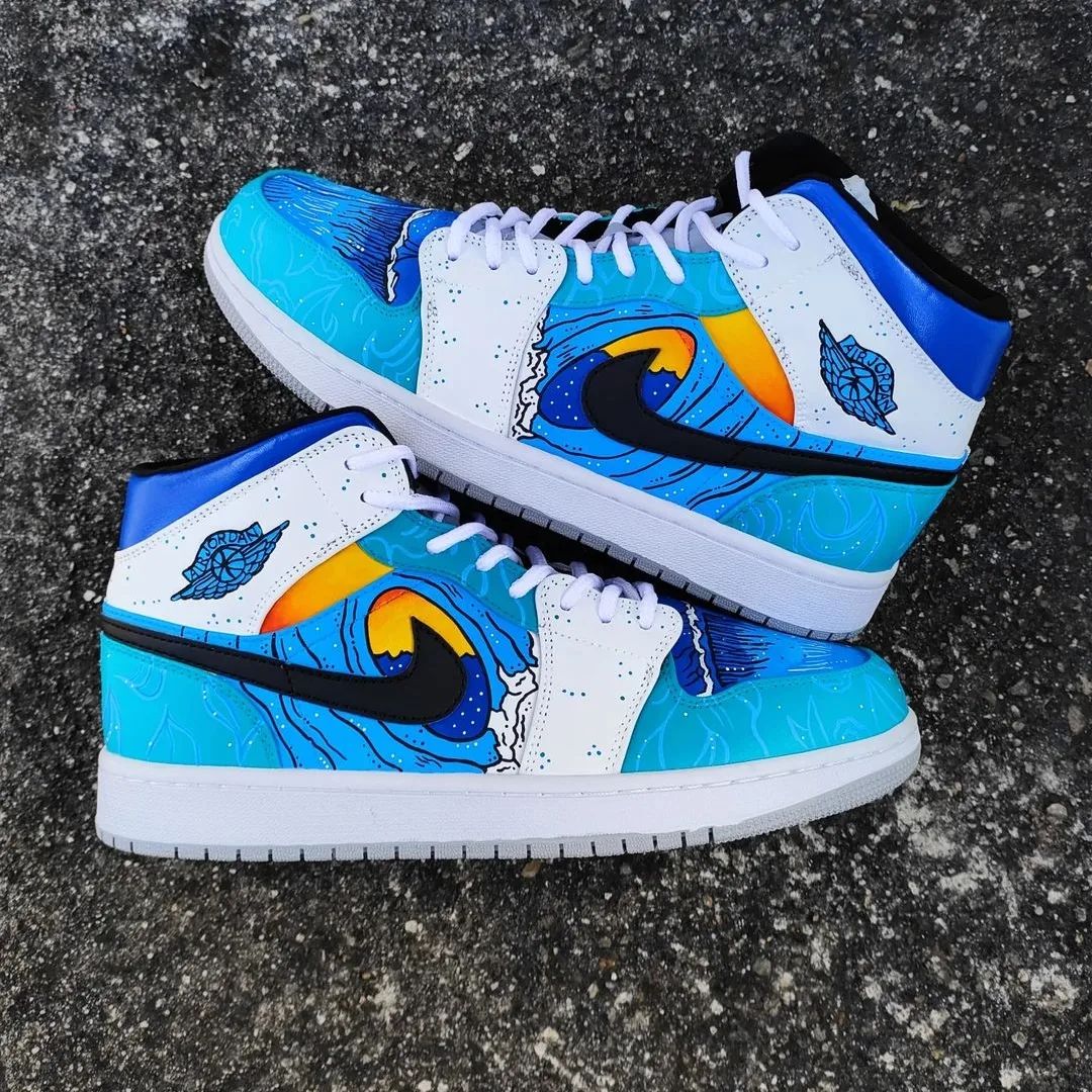 Custom AJ 1s Shoes Blue Orange White Ocean Wave Pattern Design