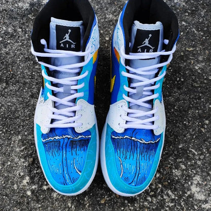 Custom AJ 1s Shoes Blue Orange White Ocean Wave Pattern Design