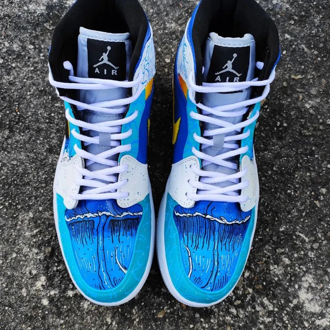 Custom AJ 1s Shoes Blue Orange White Ocean Wave Pattern Design