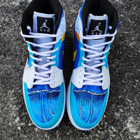 Custom AJ 1s Shoes Blue Orange White Ocean Wave Pattern Design