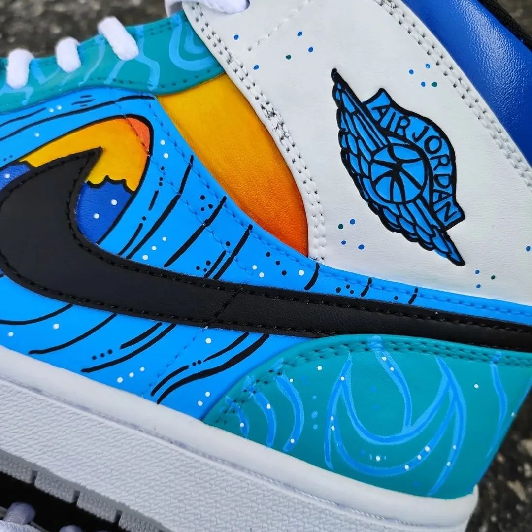 Custom AJ 1s Shoes Blue Orange White Ocean Wave Pattern Design