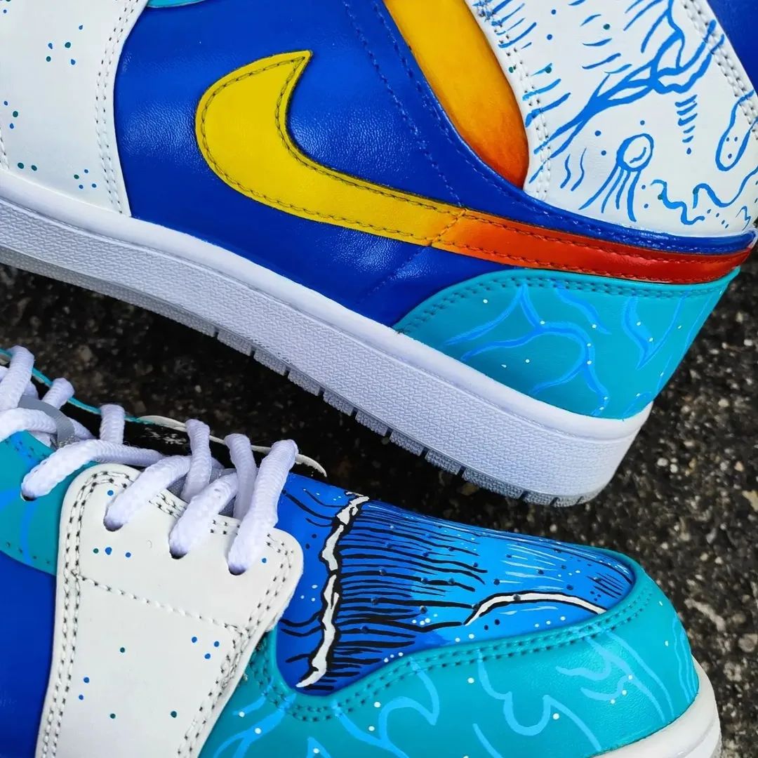 Custom AJ 1s Shoes Blue Orange White Ocean Wave Pattern Design