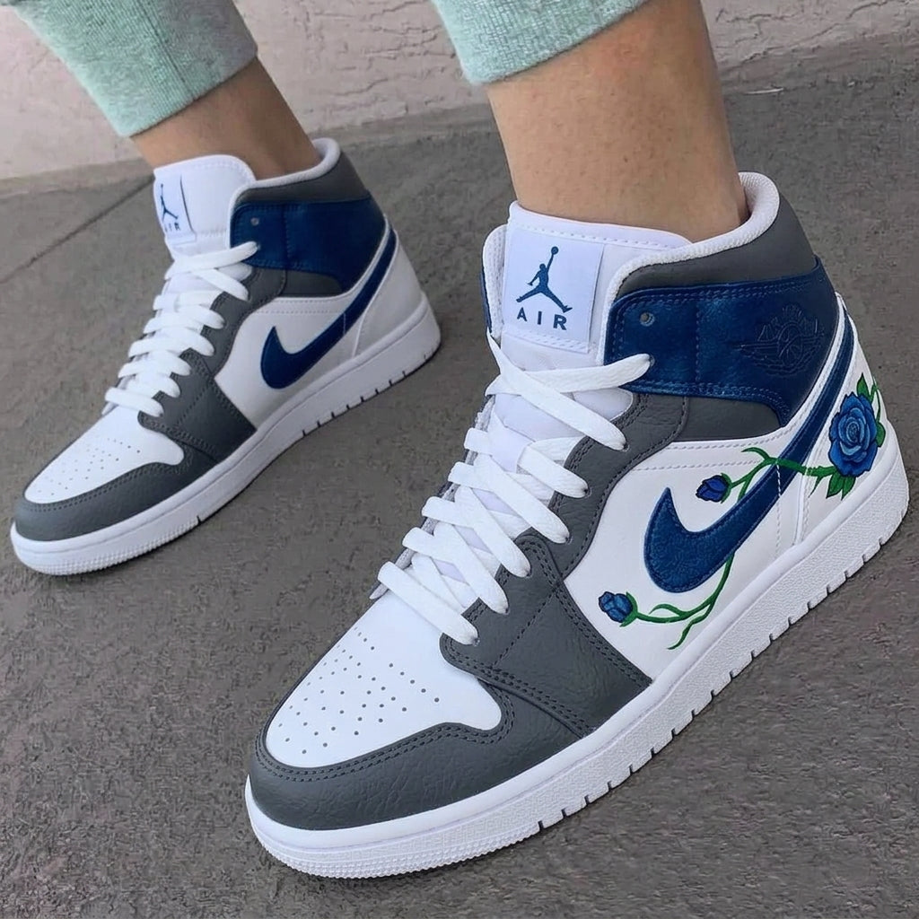 Custom AJ 1s Shoes Blue Roses Green Vine Gray Blue