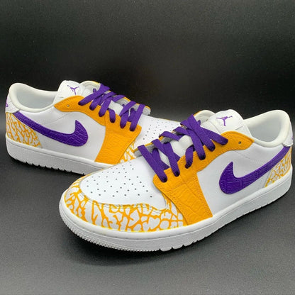 Custom AJ 1s Shoes Bold Crackle Pattern Yellow Purple