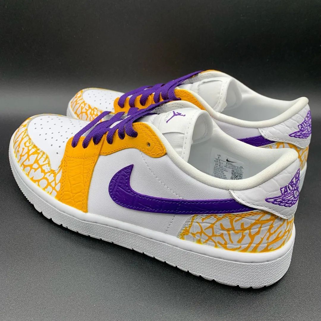 Custom AJ 1s Shoes Bold Crackle Pattern Yellow Purple