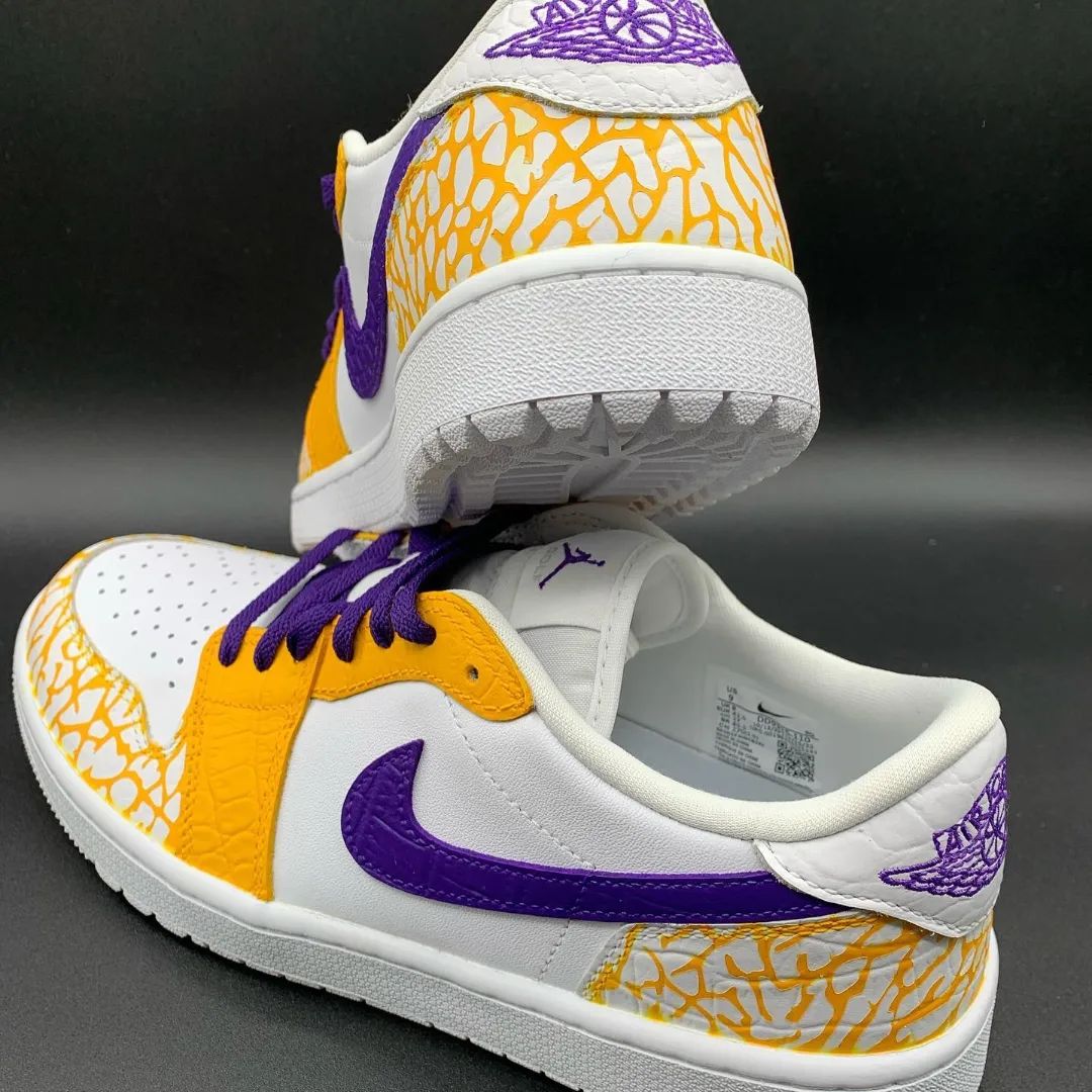 Custom AJ 1s Shoes Bold Crackle Pattern Yellow Purple