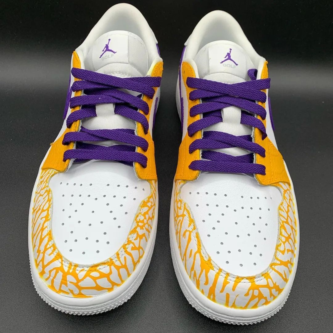 Custom AJ 1s Shoes Bold Crackle Pattern Yellow Purple
