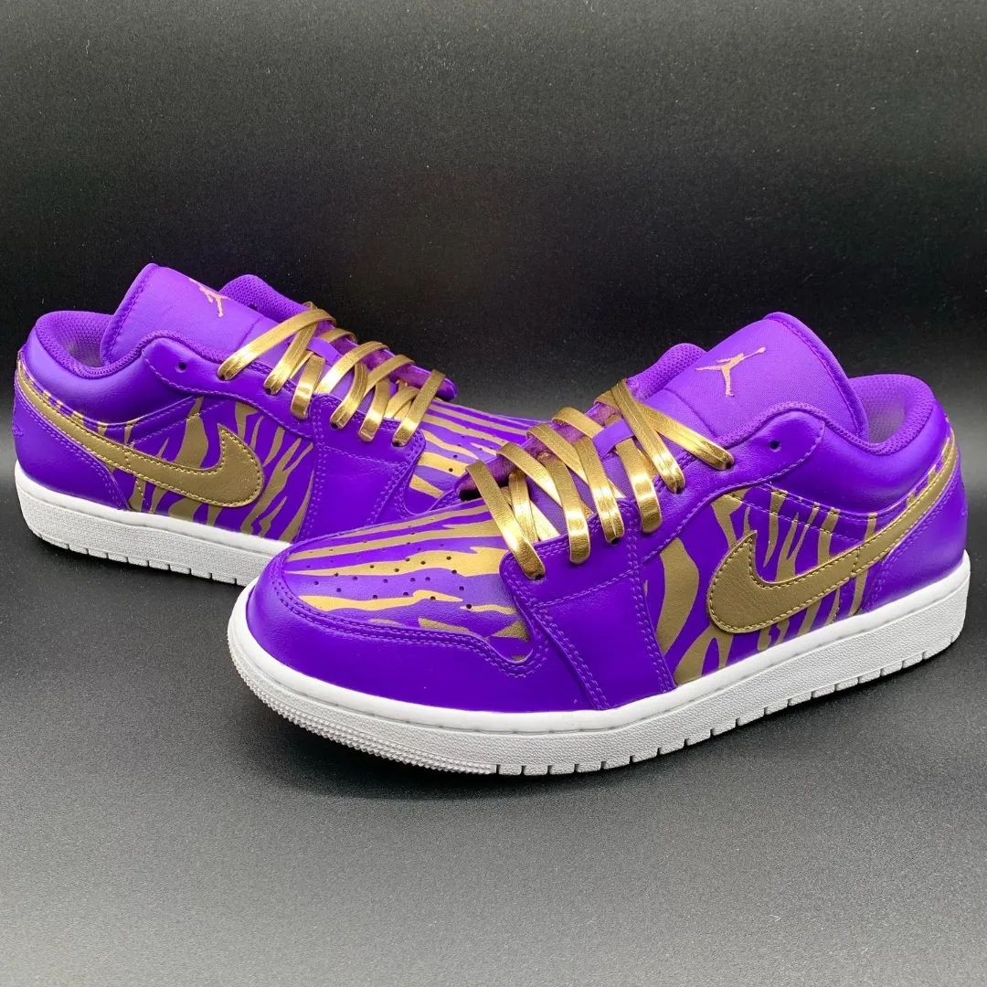 Custom AJ 1s Shoes Bold Purple and Gold Zebra Print