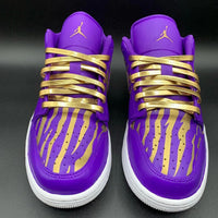 Custom AJ 1s Shoes Bold Purple and Gold Zebra Print