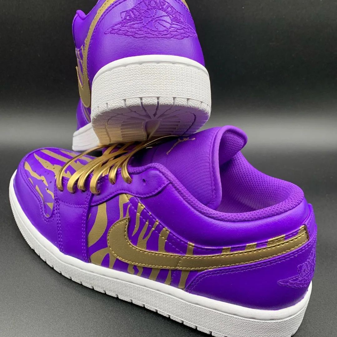 Custom AJ 1s Shoes Bold Purple and Gold Zebra Print