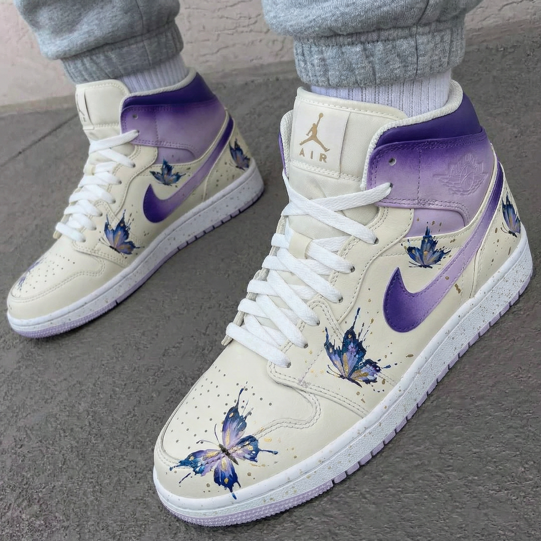 Custom AJ 1s Shoes Butterflies Pattern Purple Cream