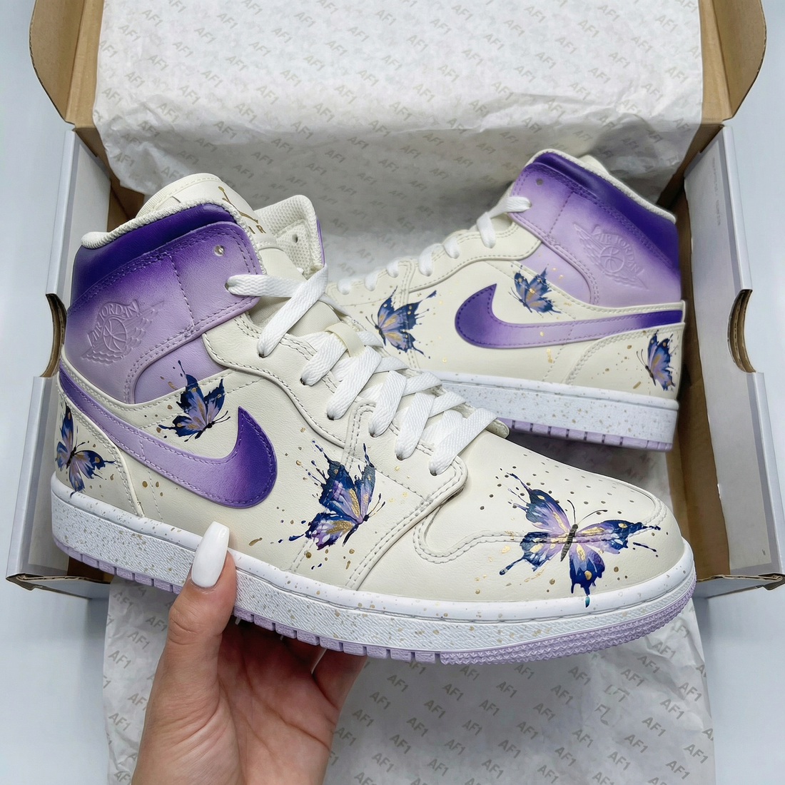 Custom AJ 1s Shoes Butterflies Pattern Purple Cream