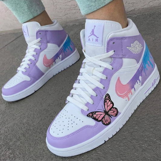 Custom AJ 1s Shoes Butterfly Drip Design Lilac Pink White