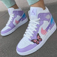 Custom AJ 1s Shoes Butterfly Drip Design Lilac Pink White