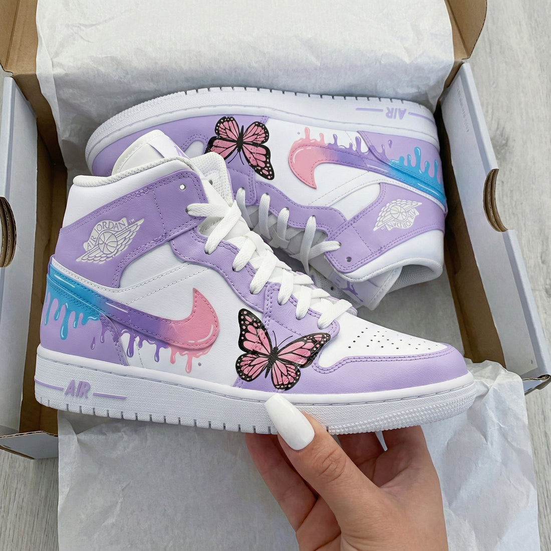 Custom AJ 1s Shoes Butterfly Drip Design Lilac Pink White