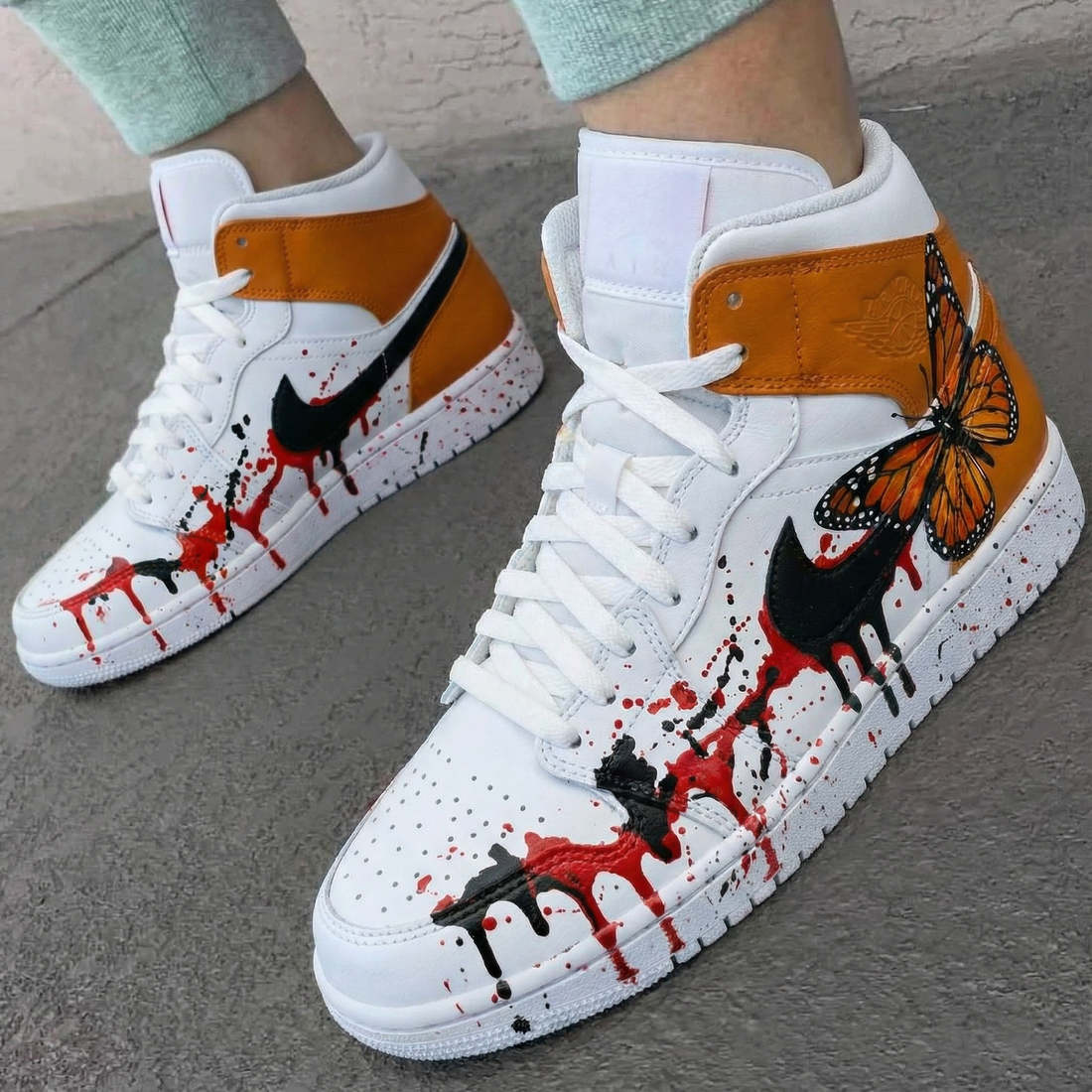 Custom AJ 1s Shoes Butterfly Paint Splatter Orange Black