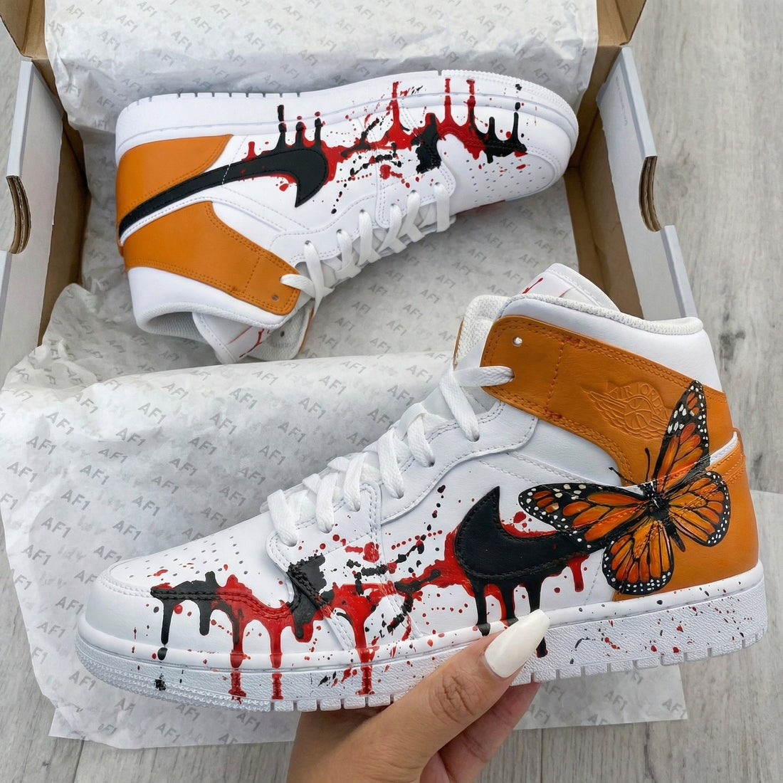 Custom AJ 1s Shoes Butterfly Paint Splatter Orange Black
