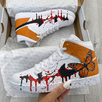 Custom AJ 1s Shoes Butterfly Paint Splatter Orange Black