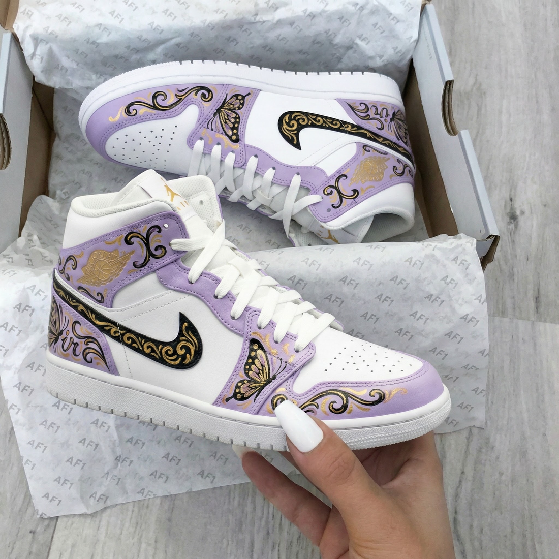 Custom AJ 1s Shoes Butterfly Pattern Baby Purple and White