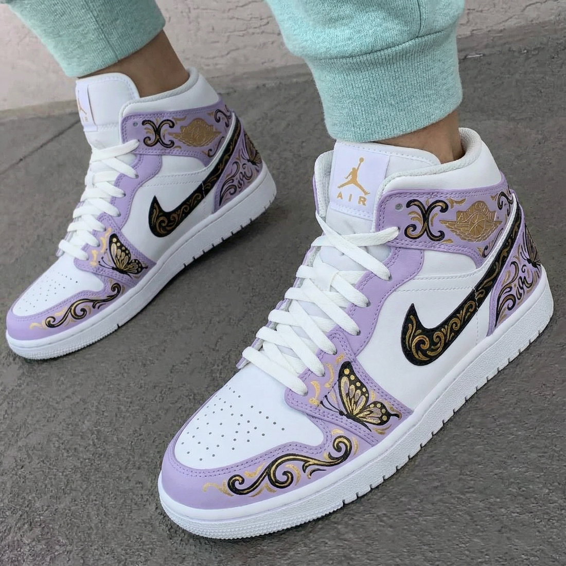 Custom AJ 1s Shoes Butterfly Pattern Baby Purple and White