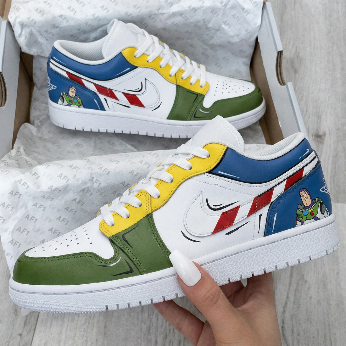 Custom AJ 1s Shoes Buzz Lightyear Pattern Yellow Blue Green